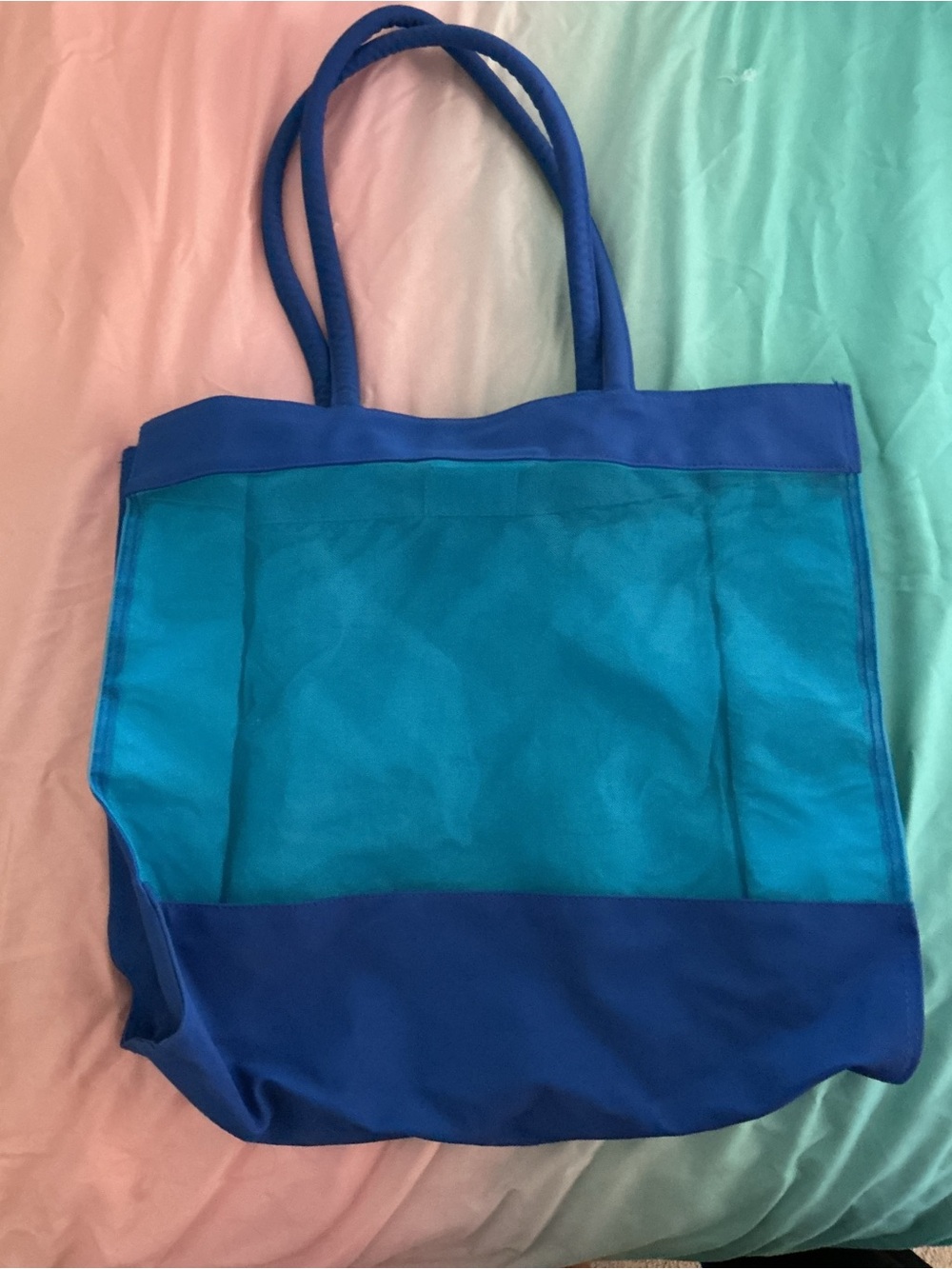 Blue Two-Tone Mesh Tote Beach Bag - Women
